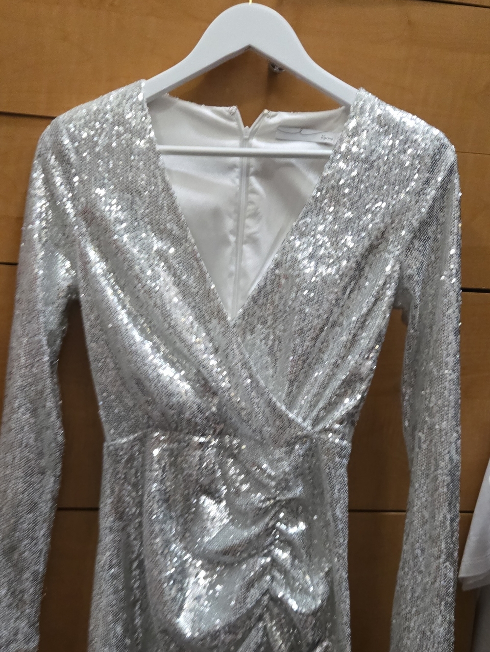 Silver Sequin Wrap-Style Long Sleeve Dress
